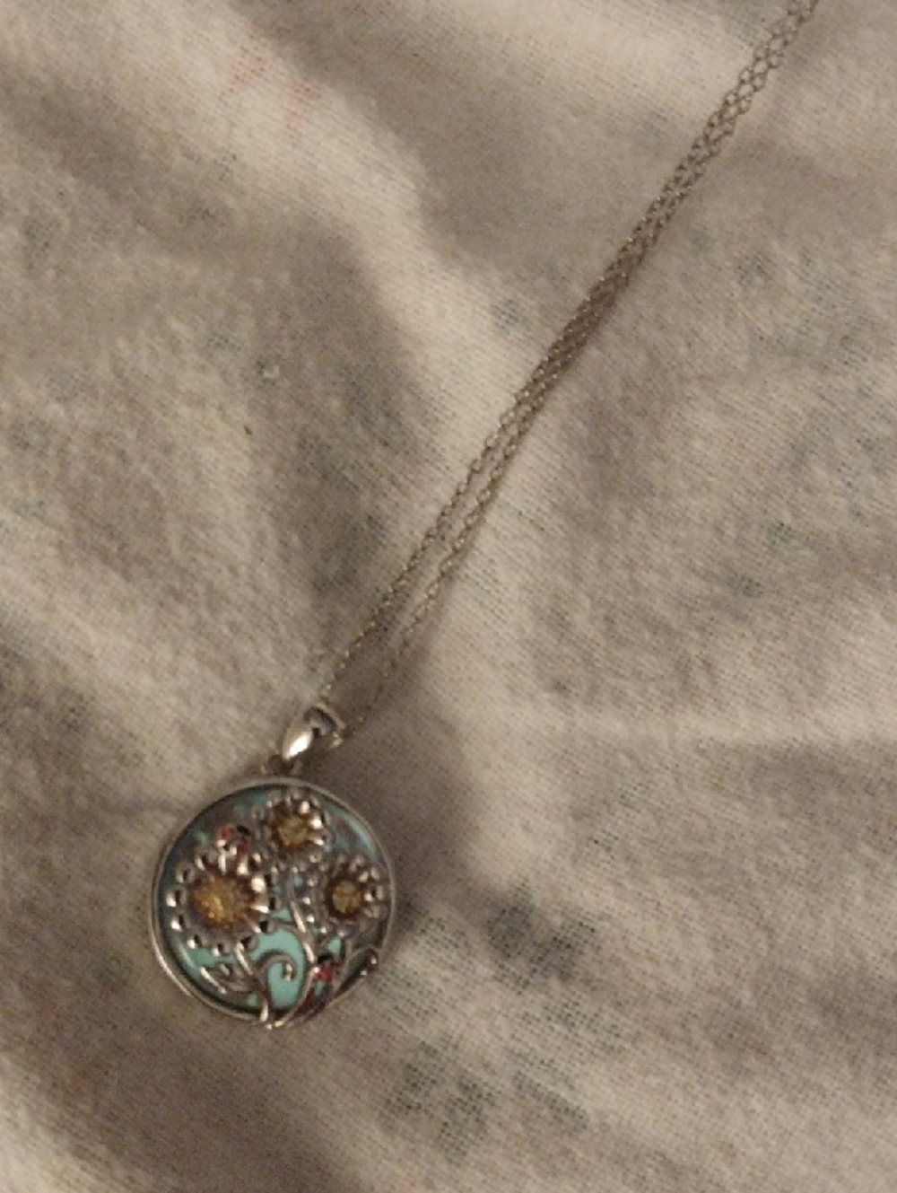 Silver Floral Pendant Necklace with Turquoise Enamel